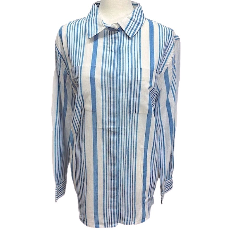 Keren Hart Blue & White Striped Button Down Oxford Shirt Size Large